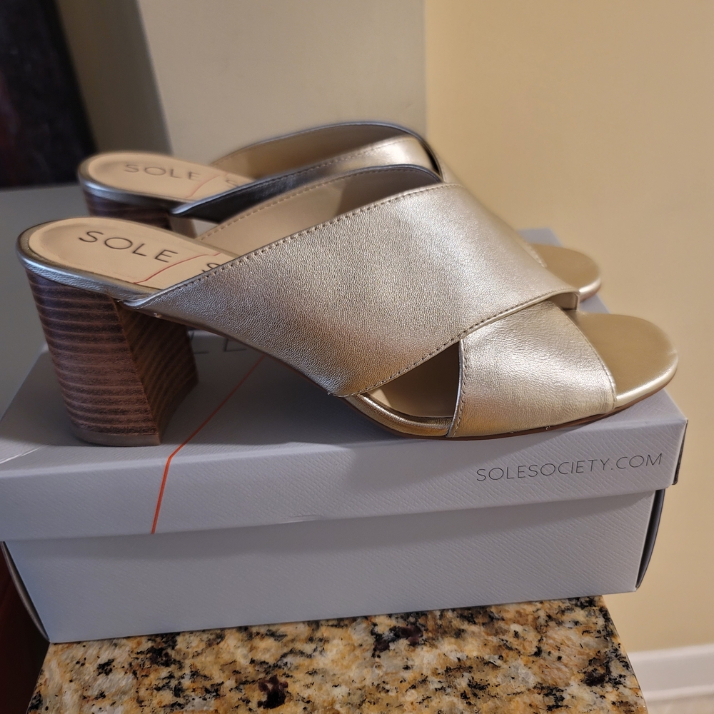 Sole Society Gold Cross-Strap Block Heel Sandals